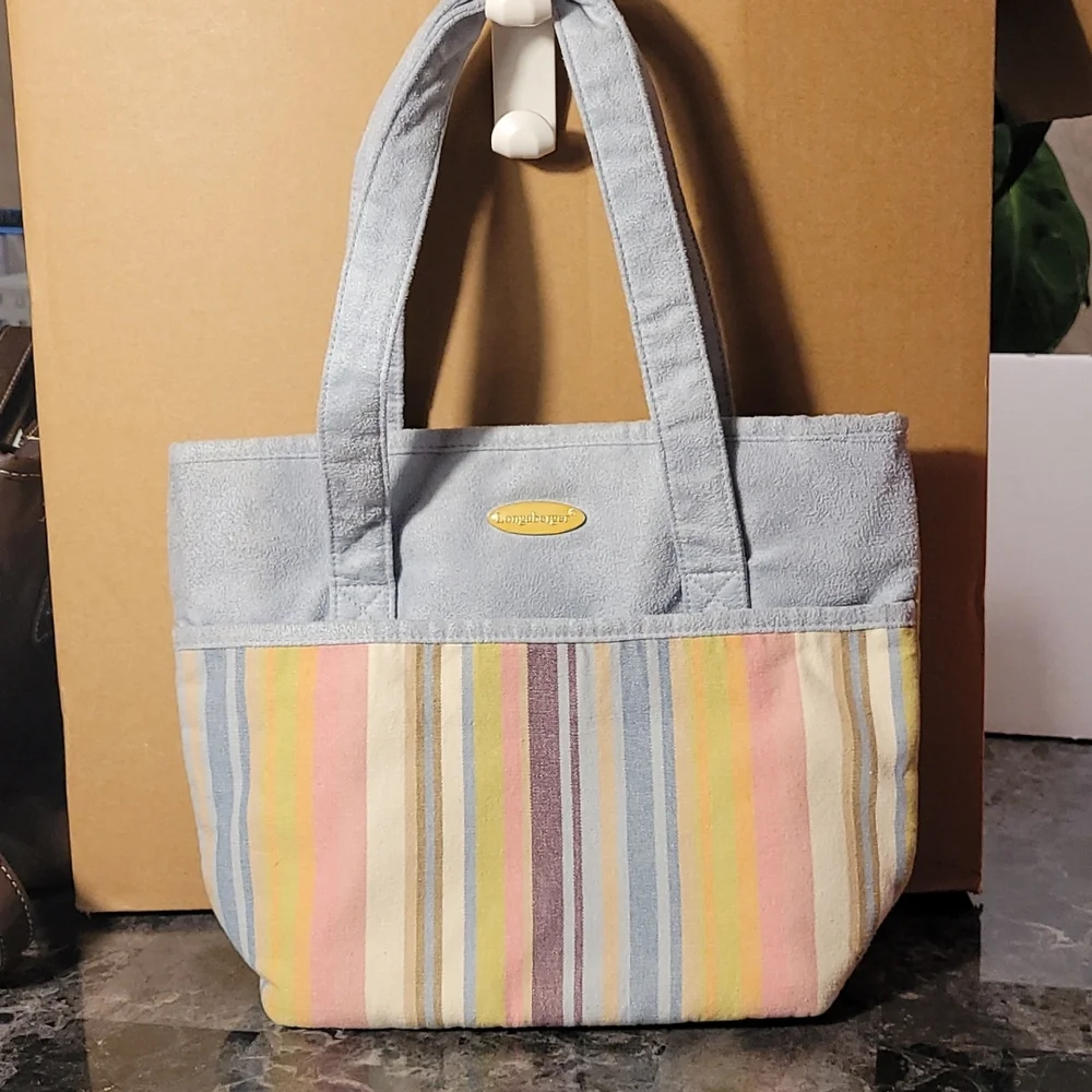 🏆Host Pick! Longaberger denim jean pastel striped tote hand bag purse